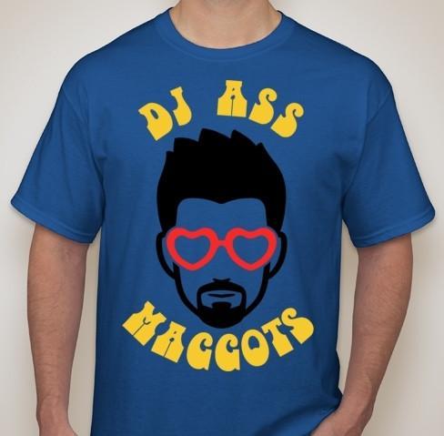 Blue and Yellow Round Logo - DJ Ass Maggots Round Logo Yellow Text Red Glasses T-shirt | Blasted ...