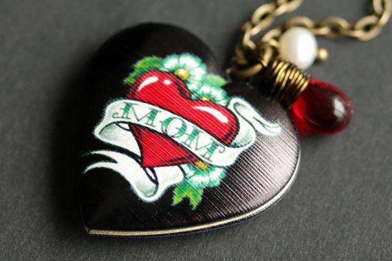 White with Red Teardrop Logo - Mom Necklace. Black Heart Locket Necklace. Red Heart Mom