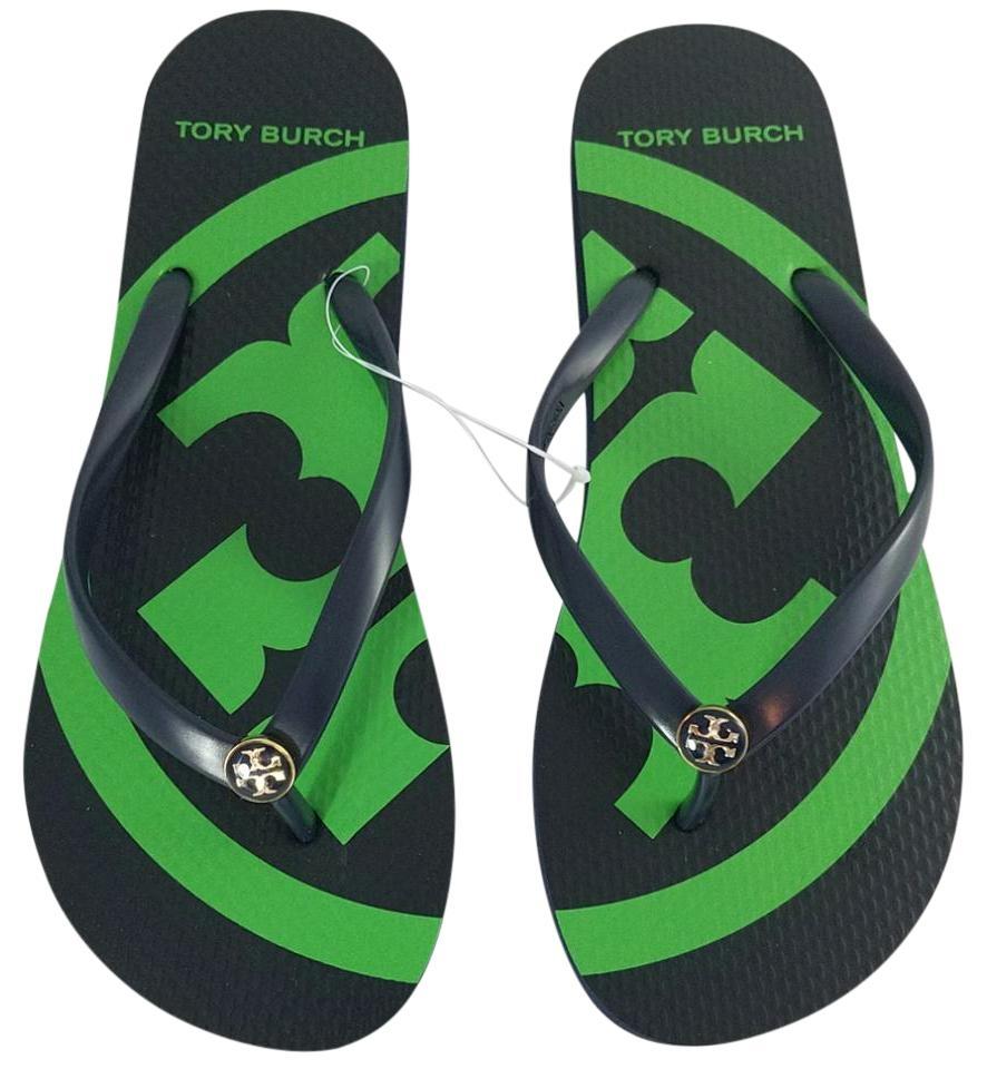 Navy and Green Logo - Tory Burch Navy Blue Green New Flats Summer Logo Flip Flops Sandals ...
