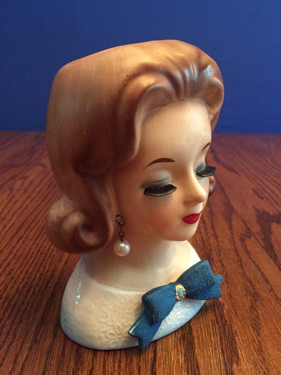 Lady with Blue Head Logo - Rare Enesco Lady Head Vase 6 inch Brown Flipped Hair with Bangs Blue