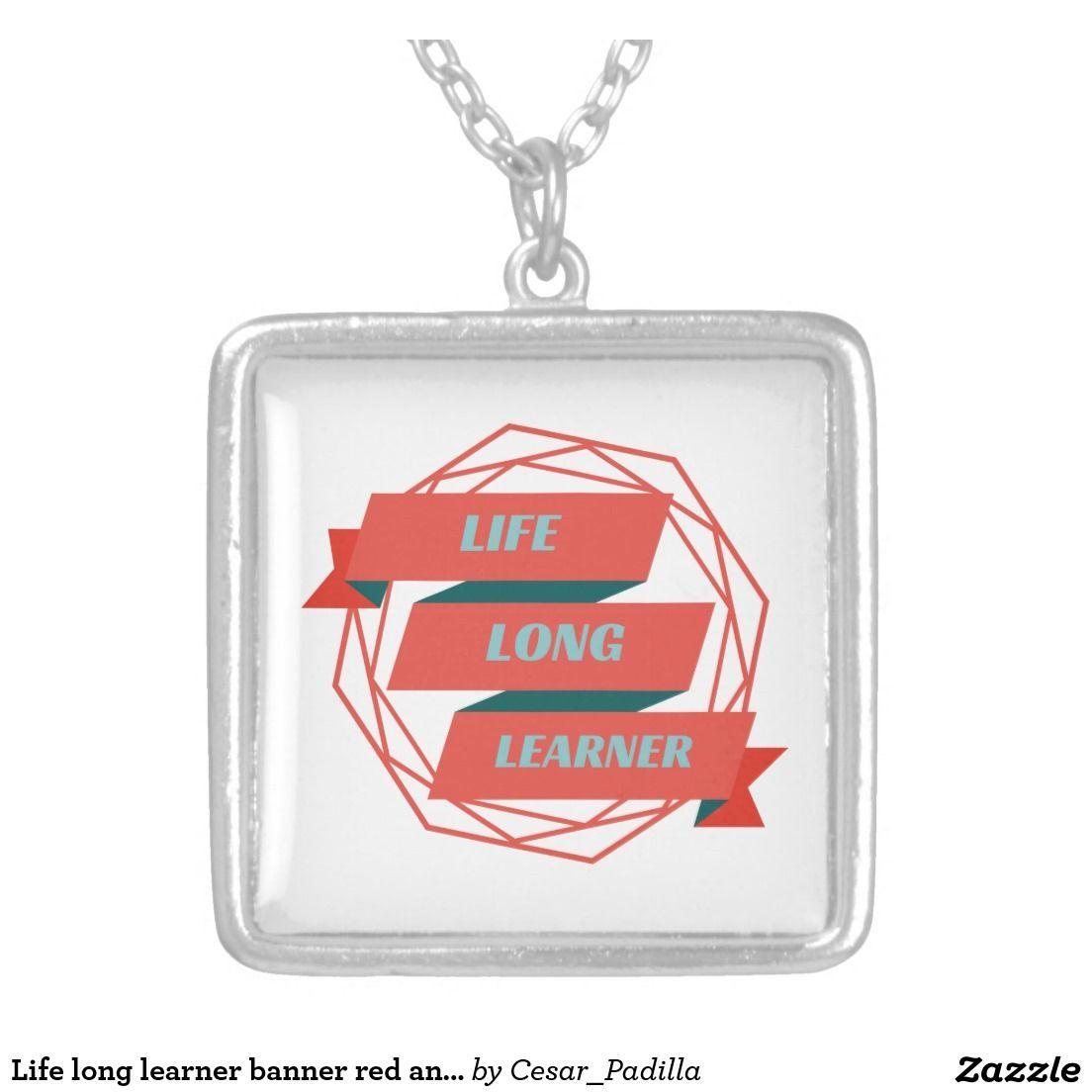 Red and Blue Square Logo - Life long learner banner red and blue square pendant necklace ...