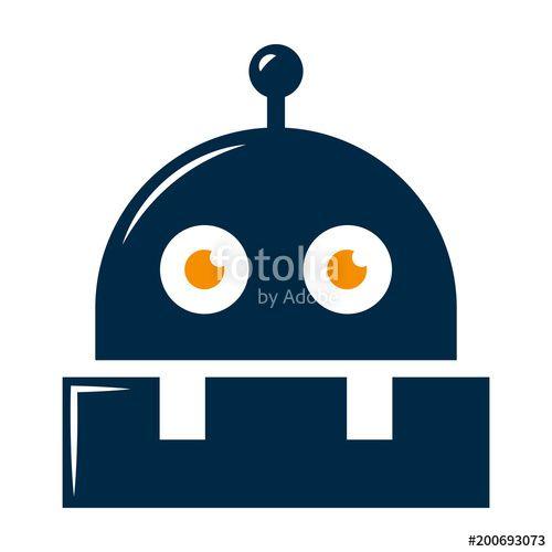 Orange-Eyed Robot Logo - Simple, Flat, Dark Blue Bot Robot Head Icon. Orange Eyes. Isolated