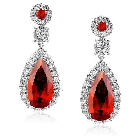 White with Red Teardrop Logo - Red Teardrop and Clear Round Cubic Zirconia Halo Earrings for Women ...