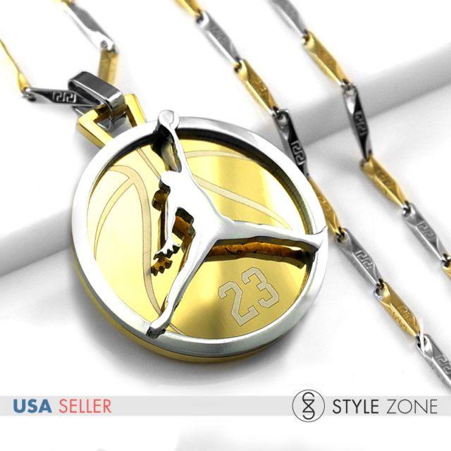 Gold Jumpman Logo - Stainless Steel Jordan # 23 Jumpman Logo Pendant Stick Necklace