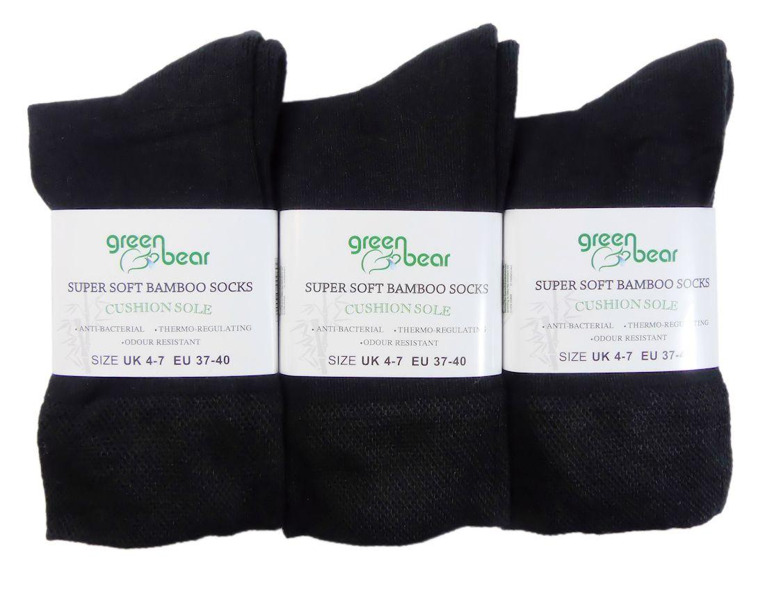 White and Green Bear Logo - Bamboo Socks - High Performance (x3 BLACK pack, 4-7) - Green Bear