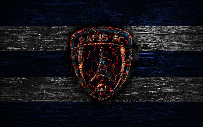 Paris FC Logo - Download wallpaper Paris FC, fire logo, Ligue blue and white