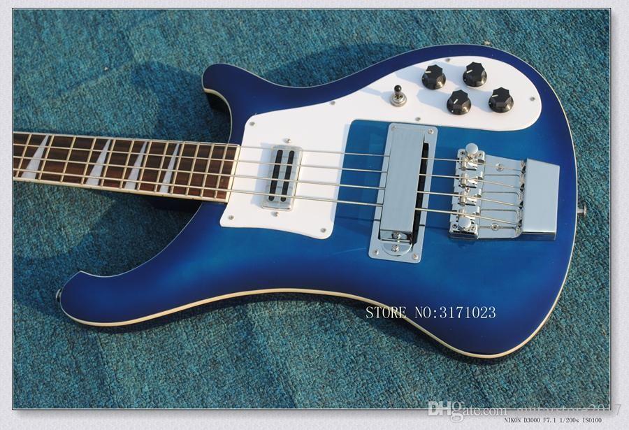 White and Dark Blue Company Logo - Strings Electric Bass with Dark Blue Body And White Pickguard