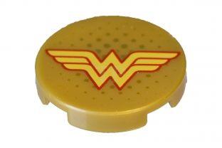 Red and Gold with Yellow Outline Logo - Pearl Gold Tile, Round 2 x 2 with Bottom Stud Holder with Yellow ...