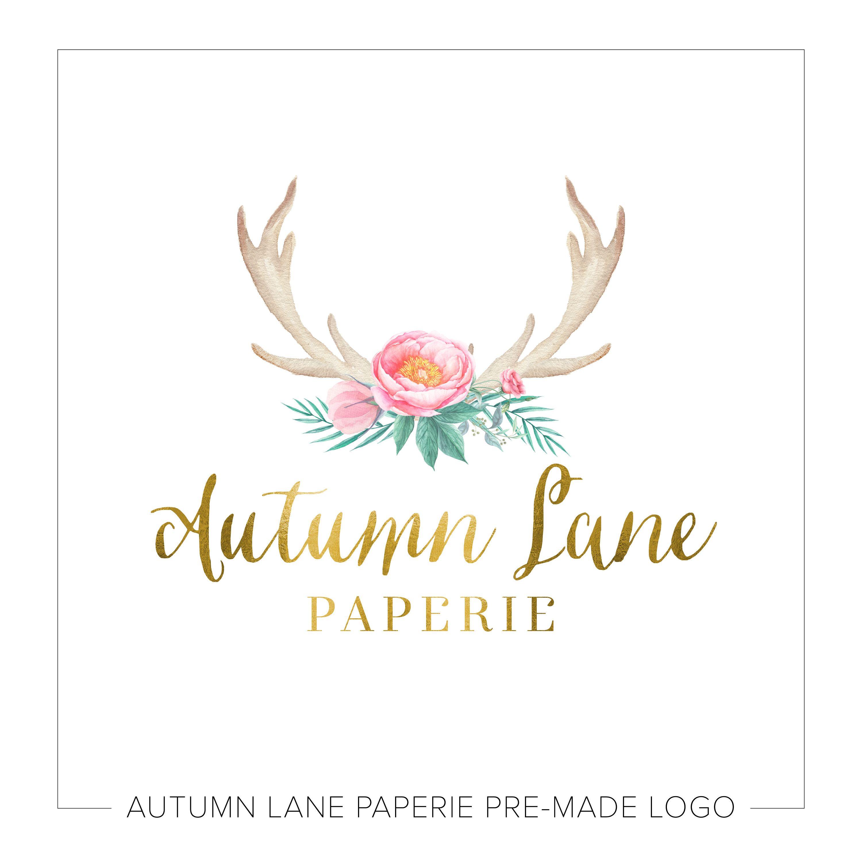 Flower Logo - Watercolor Antler & Flower Logo - Autumn Lane Paperie