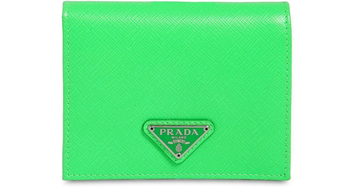 Neon Green Triangle Logo - Prada Triangle Logo Saffiano Small Wallet in Green - Lyst