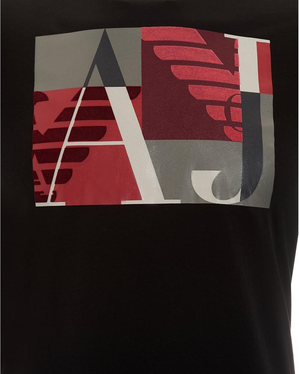 Red and Black Square Logo - Armani Jeans Mens T Shirt Black Square AJ Logo Print Tee