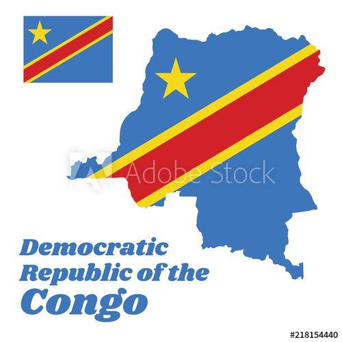 Yellow with Red Outline Logo - Map outline and flag of Dr Congo, Sky blue flag, adorned with a