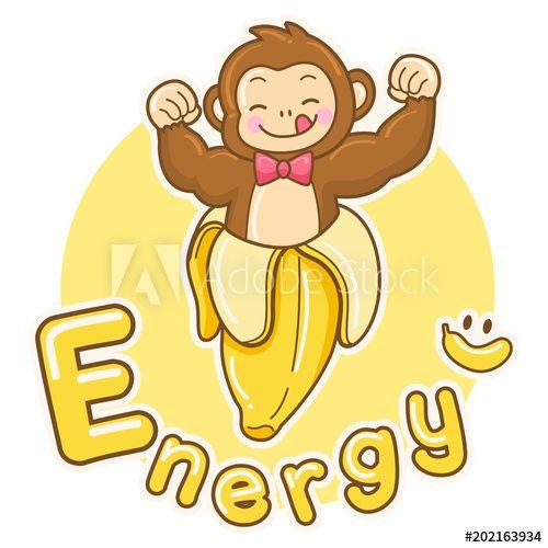 Red and Yellow Banana Logo - Little brown strong young funny monkey with pink red bow on big