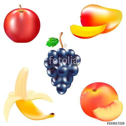 Red and Yellow Banana Logo - Mature juicy fruit, red mature apple, yellow banana, grapes cluster