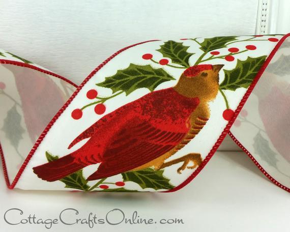 Red and Green with a Red Bird On It Logo - Christmas Wired Ribbon 4 Red Cardinal Green Holly Red