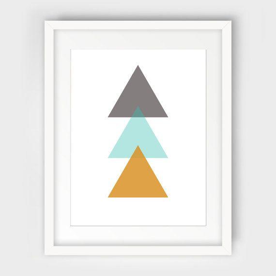 Multiple Triangle Blue Logo - Triangle Print Art, Mustard Yellow, Turquoise Blue, Yellow Print