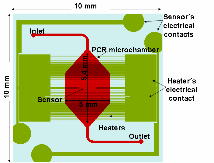 Two Red Rhombus Logo - Schematic top view of the 10 x 10 mm PCR device. It consists of a ...