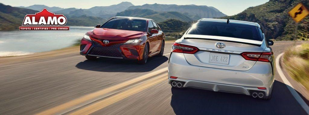 2018 Toyota Logo - 2018 Toyota Camry Red And Silver Exteriors On Highway With Alamo