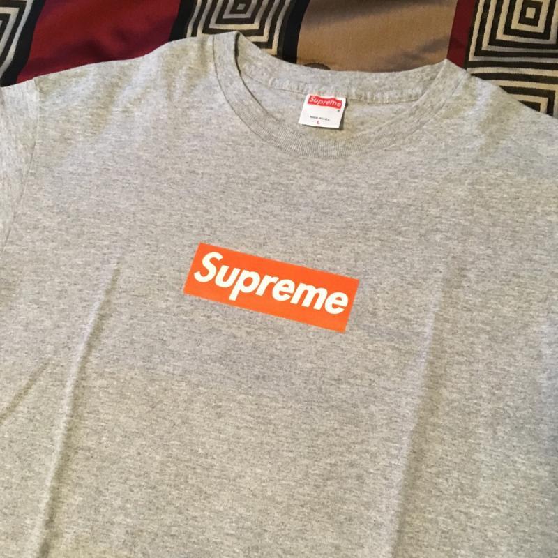 All Grey Supreme Box Logo - 1999 Orange on grey Box logo tee • T-Shirts • Strictlypreme