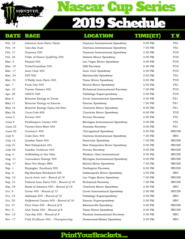 Printable NASCAR Logo - Printable 2019 Nascar Schedule - Monster Cup Series Dates & Times