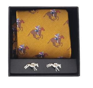 Green and Blue Horse Logo - Horse racing tie & cufflinks in a gift box Choose gold, green or