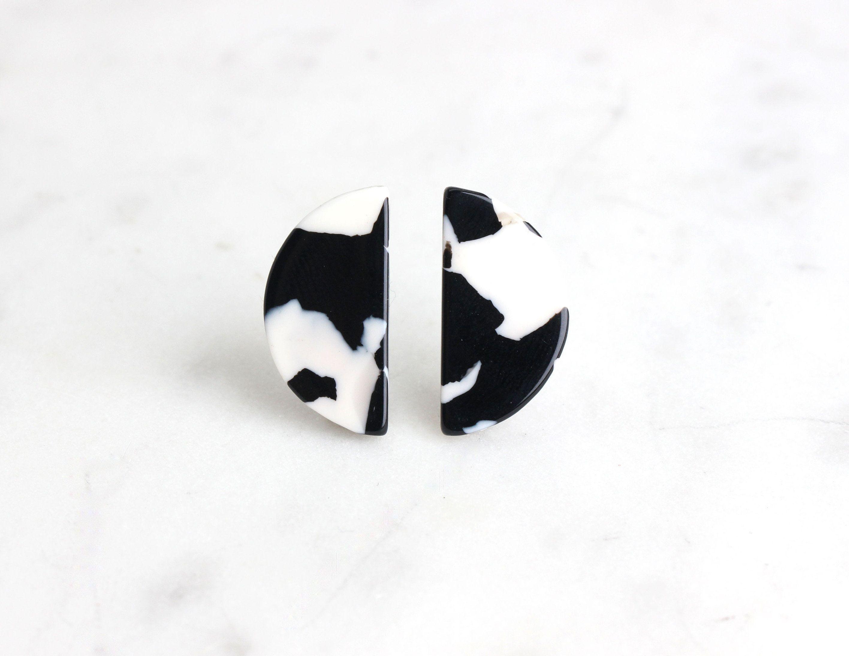 Semicircle with Black and White Logo - Black and White Marble Half Circle Blanks 10x20 mm Noir