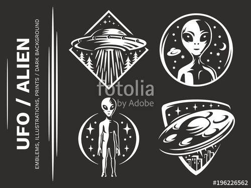 UFO Alien Logo - UFO / Aliens emblem, vector illustration, print, sticker set on a ...