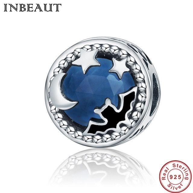 Black Bat in Circle Logo - INBEAUT 100% Real 925 Sterling Silver Black Bat Dark Blue Crystal
