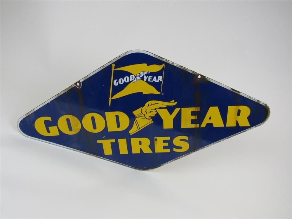 Blue Winged Foot Logo - Circa 1950s Goodyear Tires double-sided porcelain sign with w