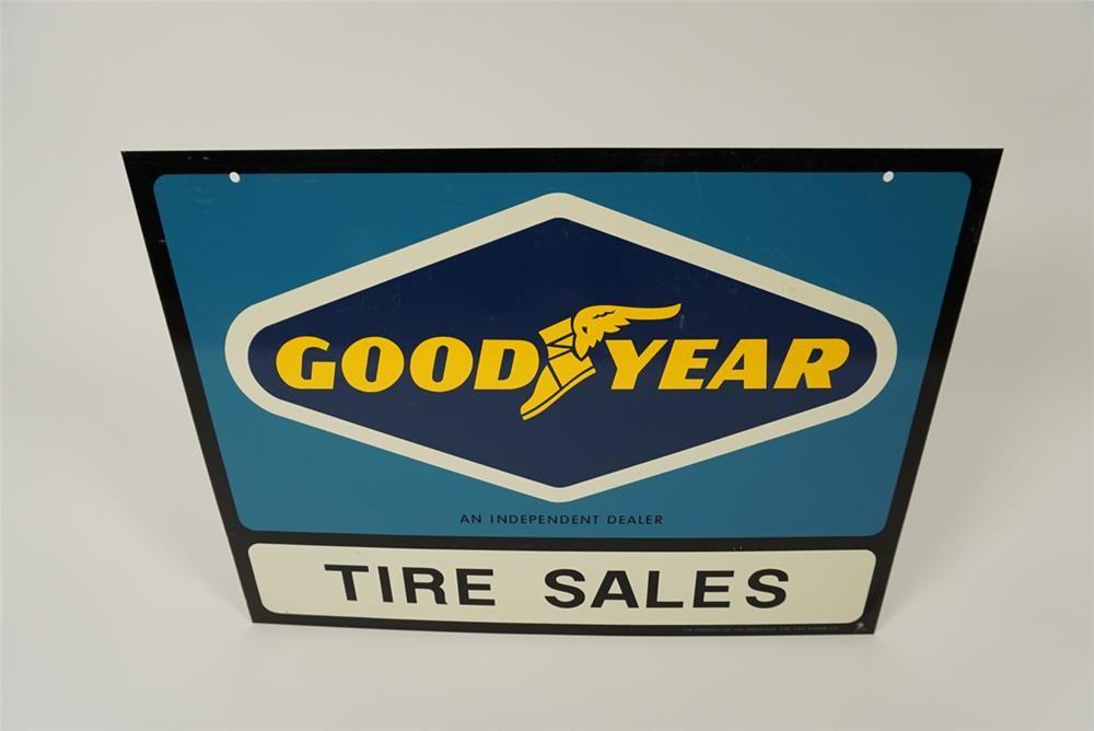 Goodyear Winged Foot Logo - NOS vintage Goodyear Tire Sales double-sided tin garage sign