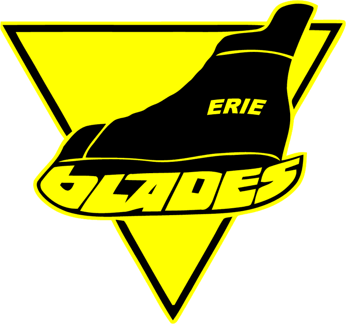 Black Yellow Triangle Logo - Erie Blades Primary Logo (1982) - Black hockey skate on a yellow ...