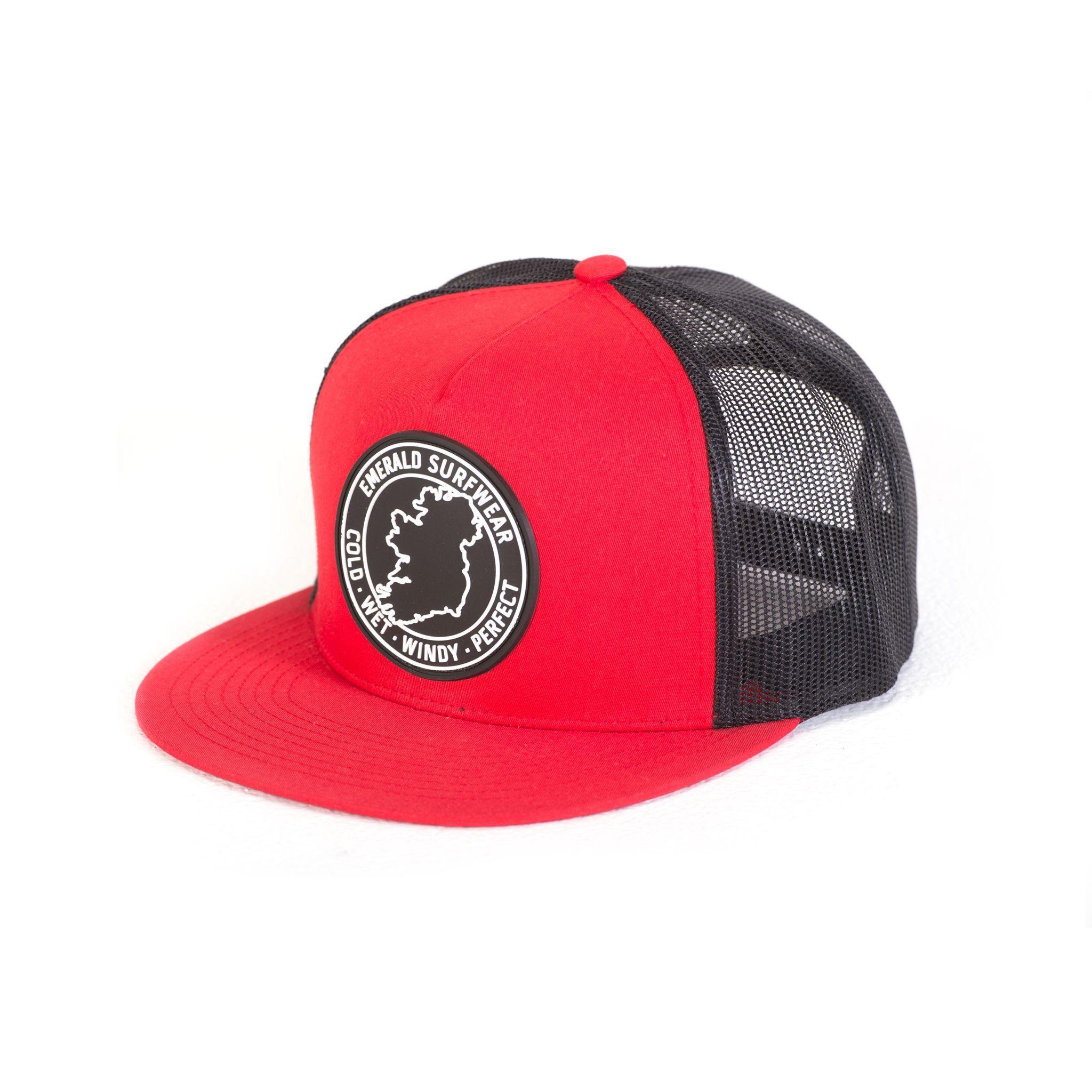 Red Emerald Logo - Emerald Surfwear Trucker Cap (Red & Black) – Groundswell Supply