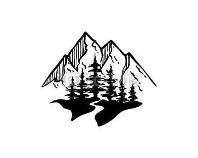 Tree Mountain Logo - Line Art Black Mountain and Pine Tree with River Symbol Logo Vector ...