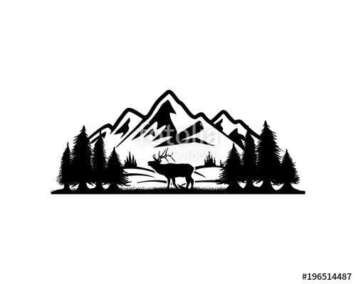 Tree Mountain Logo - Beautiful Deer Animal on the Park Pine Tree with Mountain Silhouette