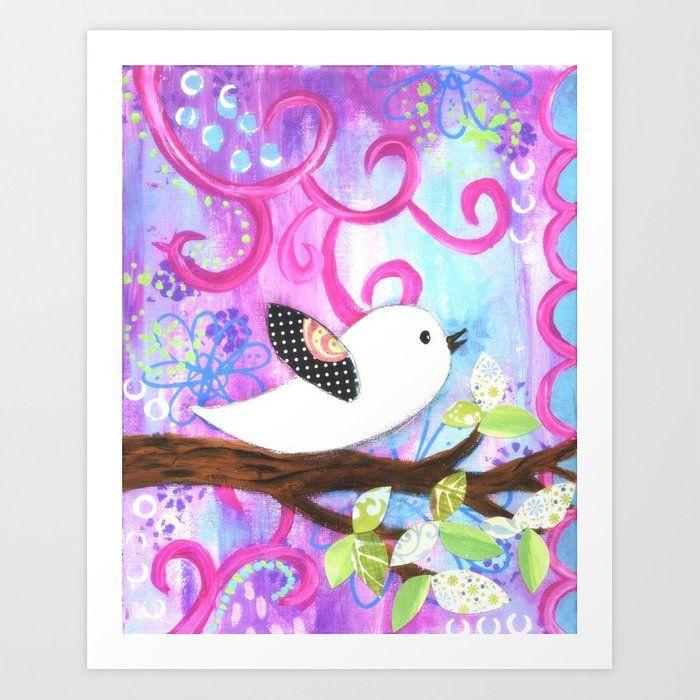 Purple White Bird Logo - Girls Nursery Decor, White Bird on Branch, Flowers, Pink, Light Blue