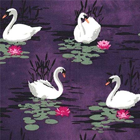 Purple White Bird Logo - dark purple Michael Miller fabric white swan bird Odette (50cm per ...