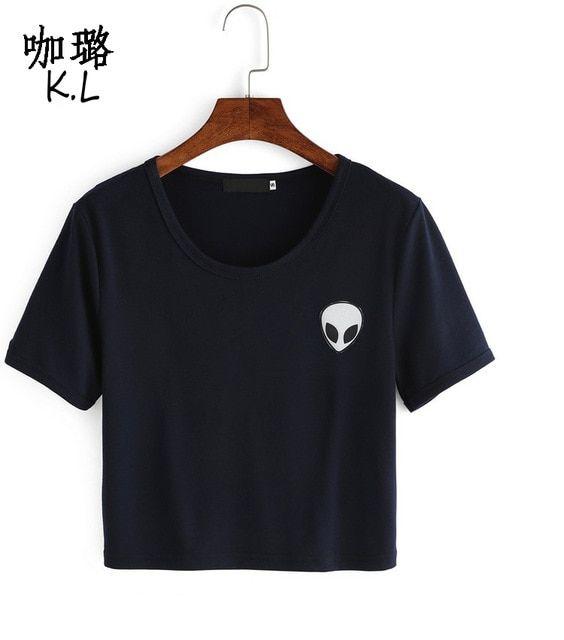 Tumblr Alien Logo - Alien UFO Printed 2018 Summer Tops Women T shirt Short Tumblr Solid ...