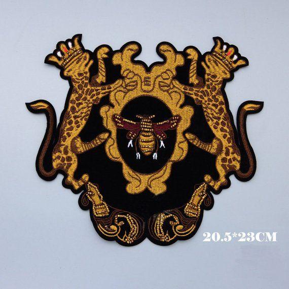 2 Lions and Crown Logo - Brown 2 Lions Holding Bee Shield Patch Crown Embroidery