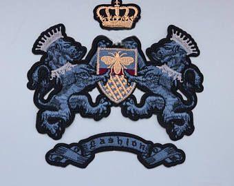 2 Lions and Crown Logo - Brown 2 Lions Holding Bee Shield Patch Crown Embroidery