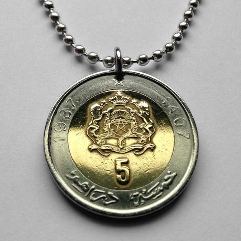 2 Lions and Crown Logo - 1987 Morocco 5 Dirhams coin pendant Moroccan Maroc necklace 2 LIONS ...