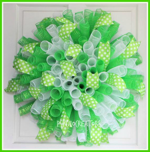 Green and White Spiral Logo - XL Lime Green White Curly Mesh Wreath Spring Green Spiral