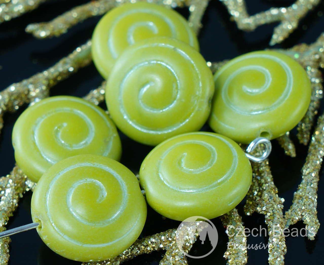 Green and White Spiral Logo - Matte Olive Green White Flat Round Coin Spiral Czech Glass Nautilus