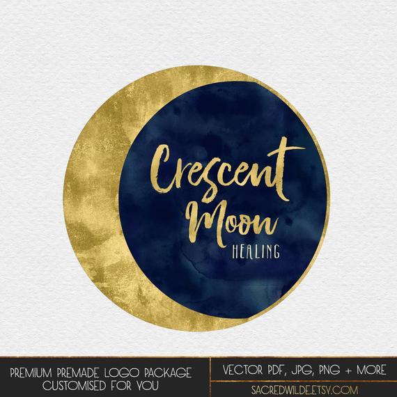 Crescent Moon Logo - Navy and Gold Moon Logo Design Crescent Moon Watercolour | Etsy