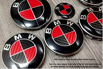 BMW Red Car Logo - RED & BLACK CARBON FIBER BMW Badge Emblem Overlay HOOD TRUNK RIMS ...