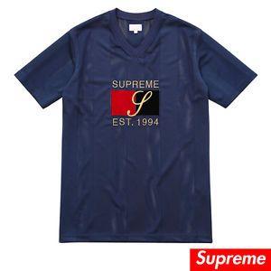 Red and Navy Blue Logo - Supreme Box Logo Mesh 1994 Jersey Tee Shirt Navy Blue Gold Red Black ...