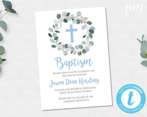 Printable Blue Cross Logo - Boy Baptism Invitation Greenery Baptism Invitation Printable | Etsy