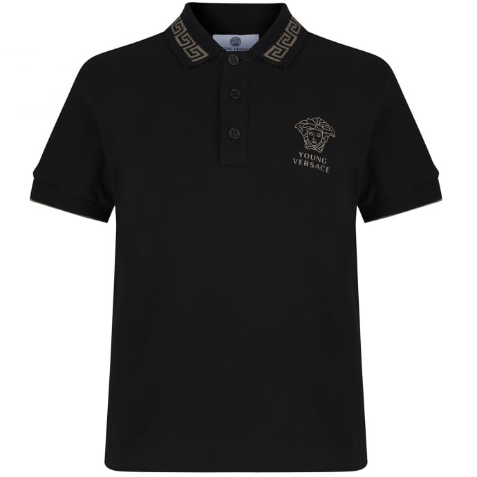 All-Black Y Logo - Young Versace Boys Black Polo Shirt with Gold Fret and Logo Print