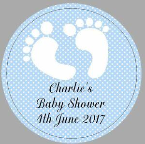 Blue Baby Logo - 24 x 40mm Personalised Stickers Round Baby Shower Blue Baby Feet Boy ...