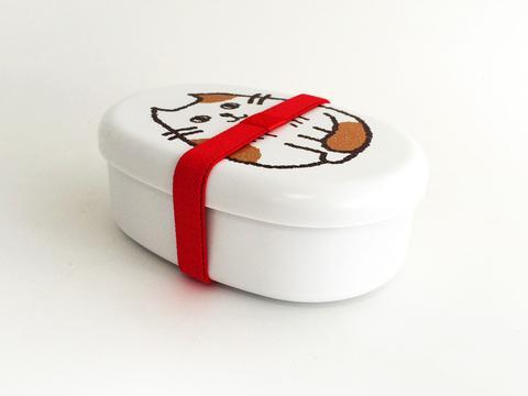 Red Box with White Oval Logo - Oval Cat Bento Box Osumashi. Cute lunchbox, neko bento box