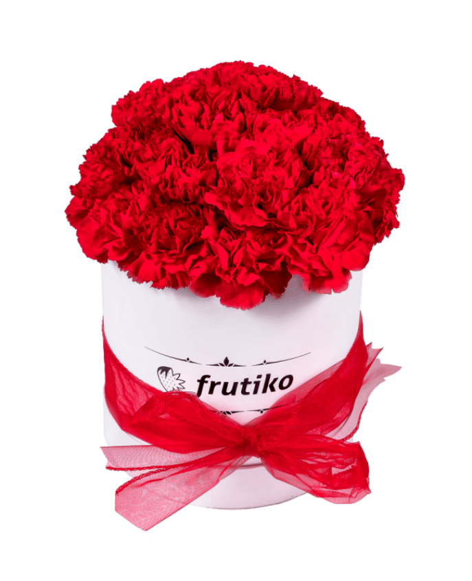 Red Box with White Oval Logo - White Box freshly cut red carnations